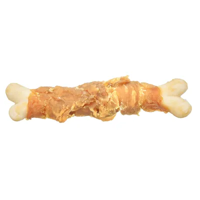 Rágócsont csirkehússal bevonva, hosszúkás forma, csomagolás nélkül látható.