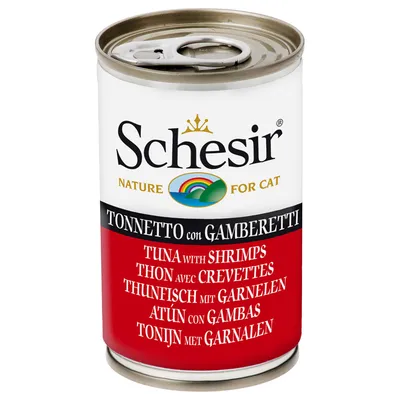 Konzerva Schesir Nature for Cat, Tonnhetto con Gamberetti, Tuna with Shrimps, Thon avec Crevettes, Thunfisch mit Garnelen, Atún con Gambas, Tonijn met Garnalen.