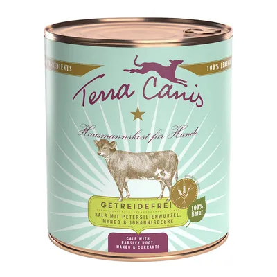 Boîte Terra Canis pour chiens, texte visible : Getreidefrei, Kalb mit Petersilienwurzel, Mango & Johannisbeere, 100% Natur. Illustration de vache. Marque et textes en allemand/anglais.