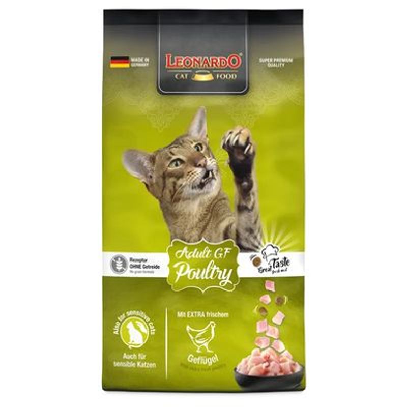 Leonardo Cat Food Adult GF Poultry, receptuur zonder granen, voor gevoelige katten, met extra verse gevogelte. Afbeelding van kat en stukjes vlees op de verpakking.