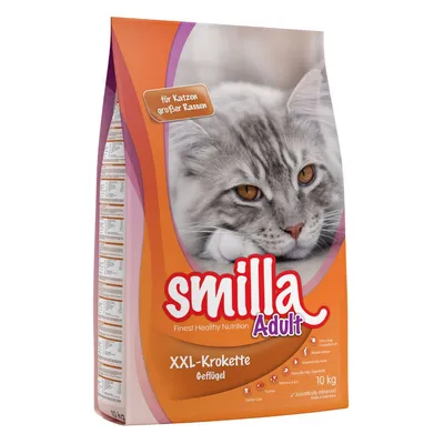 Balení Smilla Adult XXL-Krokette Geflügel, 10 kg. Text: für Katzen großer Rassen, Finest Healthy Nutrition, Dental Care, Vitamin A & E, Scientifically advanced, Made in Germany.