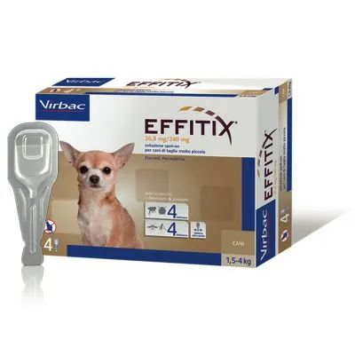 Virbac EFFITIX 26,8 mg/240 mg soluzione spot-on per cani di taglia molto piccola 1,5–4 kg. Confezione da 4 pipette. Testo visibile: protezione contro pulci e zecche.