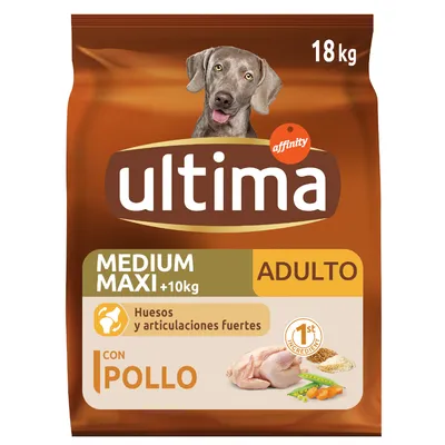 Ultima Adulto Medium Maxi +10kg cu pui, 18kg. Susține oase și articulații puternice. Primul ingredient: pui.