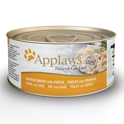 Applaws Natural Cat Food, 70 g burk. Text: 100% natural. CHICKEN BREAST with CHEESE på flera språk synligt på etiketten.