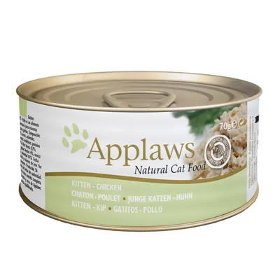 Boîte de 70 g Applaws Natural Cat Food, chaton poulet, texte multilingue : KITTEN – CHICKEN, CHATON – POULET, MADE WITH NATURAL INGREDIENTS visible sur l’étiquette.