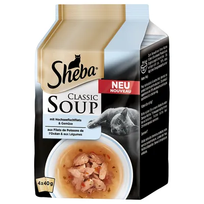 Упаковка Sheba Classic Soup, надпись NEU NOUVEAU, изображение супа с кусочками рыбы и овощей, 4×40 г. Видны тексты на немецком и французском языках.