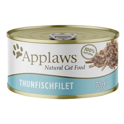 Konzerva Applaws Natural Cat Food, 100% Natural, Thunfischfilet, 70 g. Text na obalu v němčině a angličtině.