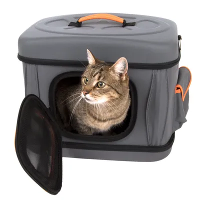 Chat dans une caisse de transport grise avec poignée orange, ouverture latérale en filet et poche sur le côté droit, caisse posée sur fond blanc.