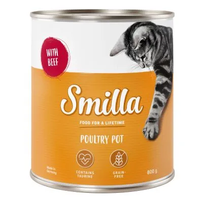 Smilla FOOD FOR A LIFETIME POULTRY POT, WITH BEEF, contains taurine, grain-free, 800 g. Kat på dåsen. Made in Germany.