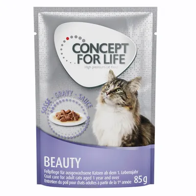 Concept for Life Beauty, Sosse-Gravy-Sauce, Fellpflege für ausgewachsene Katzen ab dem 1. Lebensjahr, 85g.