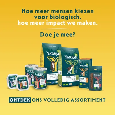 Yarrah bio-hondenvoer assortiment met tekst: Hoe meer mensen voor bio kiezen, hoe groter onze invloed is. Ontdek ons volledige assortiment. Yarrah bio-hondenvoer assortiment met tekst: Hoe meer mensen voor bio kiezen, hoe groter onze invloed is. Ontdek ons volledige assortiment.