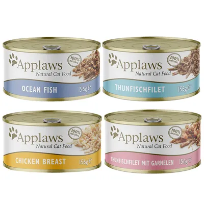 Vier blikken Applaws Natural Cat Food 156g: Ocean Fish, Thunfischfilet, Chicken Breast, Thunfischfilet mit Garnelen. Op elk blik staat '100% natural'.