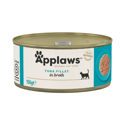 Konzerva Applaws Natural Cat Food, TUNA FILLET in broth, 156 g. 100 % natural ingredients. Certified B Corporation. Zobrazený tuniak na tanieri.