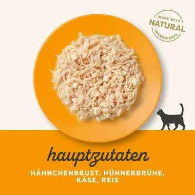 hauptzutaten: Hähnchenbrust, Hühnerbrühe, Käse, Reis. Made with natural ingredients. Assiette de nourriture pour chat visible.