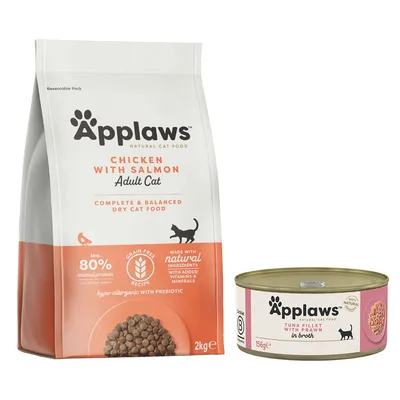 Pienso Applaws Chicken with Salmon Adult Cat 2 kg y lata Applaws Tuna Fillet with Prawn in Broth 156 g. Texto visible: 80 % proteína animal, receta sin cereales, ingredientes naturales.