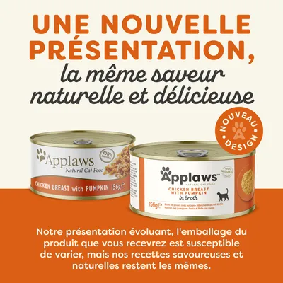 Texte : Une nouvelle présentation, la même saveur naturelle et délicieuse. Applaws Natural Cat Food Chicken Breast with Pumpkin 156g. Nouveau design. L’emballage peut varier.