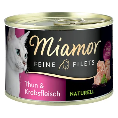 Miamor Feine Filets Thun & Krebsfleisch, Naturell, 100% Filet. Katzenfutter in Dose mit Bild von weisser Katze und Thunfischstücken.