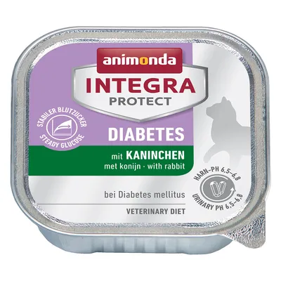 animonda INTEGRA PROTECT DIABETES met konijn, stabieler bloedsuiker, bij diabetes mellitus, urinary pH 6,5–6,8, veterinary diet, tekst deels in het Duits en Engels