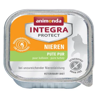 animonda INTEGRA PROTECT NIEREN PUTE PUR, ниско съдържание на фосфор, без зърнени храни, ветеринарна диета. Видимо: силует на котка, текст на немски и английски.