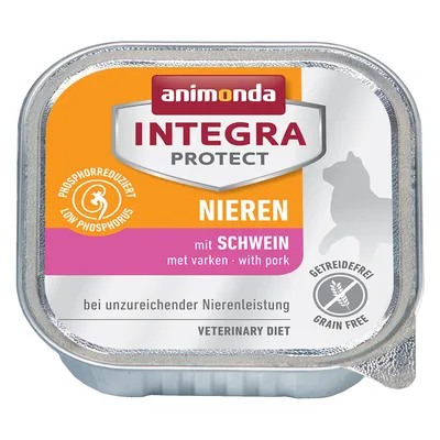 animonda INTEGRA PROTECT NIEREN mit SCHWEIN, ниско съдържание на фосфор, без зърнени храни, ветеринарна диета. Текстът е на немски и английски.