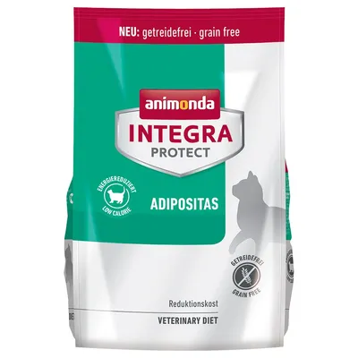 Корм animonda Integra Protect Adipositas для кошек, надписи: energiereduziert low calorie, getreidefrei grain free, veterinary diet, reduktionskost.