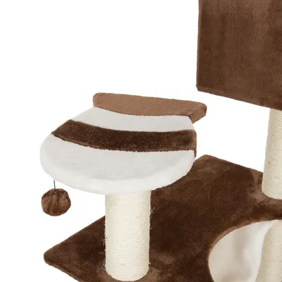 Cat tree with brown and white striped platform, sisal post and hanging play ball.
