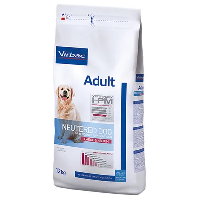 Virbac Adult NEUTERED DOG Large & Medium kutyatáp, 12 kg-os zsák, fehér alapon kék feliratokkal, látható tápanyag-analízis és grafikon a csomagoláson.