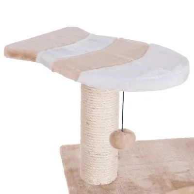 Krabpaal met sisalpaal, beige en witte pluche ligplateau en hangend pluche speelballetje. Materialen: sisal en stof.