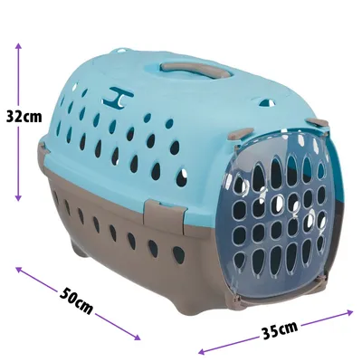Transportbox aus Kunststoff, Maße: Höhe 32cm, Länge 50cm, Breite 35cm. Mit Lüftungsschlitzen und transparentem Türdesign.