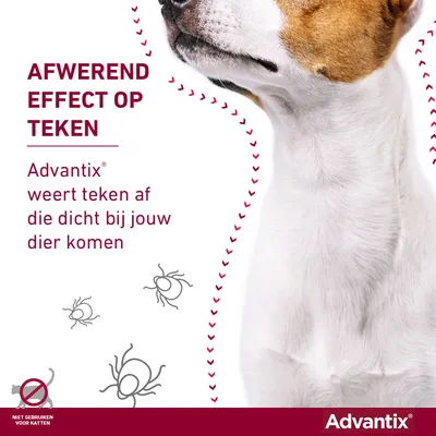 Afbeelding met tekst: 'Afwerend effect op teken. Advantix weert teken af die dicht bij jouw dier komen.' Niet gebruiken voor katten. Advantix merknaam zichtbaar.