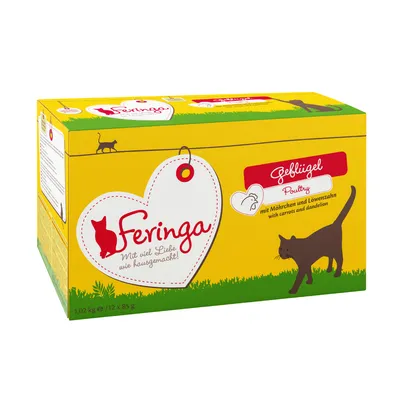 Emballage Feringa, saveur volaille avec carottes et pissenlit, 1,02 kg (12 x 85 g). Texte visible en allemand et anglais. Illustration de chat sur la boîte.