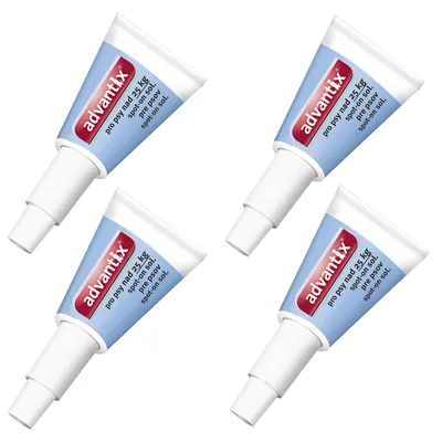 Čtyři tuby Advantix, text: pro psy nad 25 kg, spot-on sol.