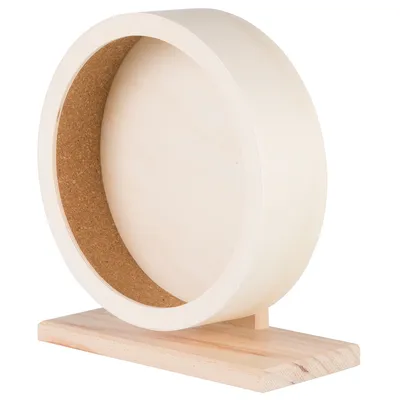 Ruota in legno chiaro con superficie interna in sughero e base rettangolare in legno.