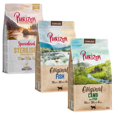 Purizon Trockenfutter für sterilisierte Katzen: Specialised Sterilised Chicken with Fish, Original Fish, Original Lamb with Fish. 70% Fleisch & Fisch, 30% Gemüse, 0% Getreide.