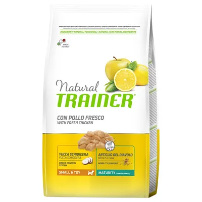 Natural Trainer con pollo fresco -koiranruokapakkaus, näkyvissä tekstit: Yucca Schidigera, Artiglio del Diavolo, Small & Toy, Maturity (6+ anni/years), Made in Italy, with fresh chicken.