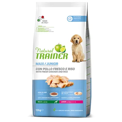 Natural Trainer Maxi/Junior cibo per cani con pollo fresco e riso, Made in Italy, senza coloranti, conservanti o zuccheri aggiunti. Per cani fino a 8 mesi, confezione da 12 kg.