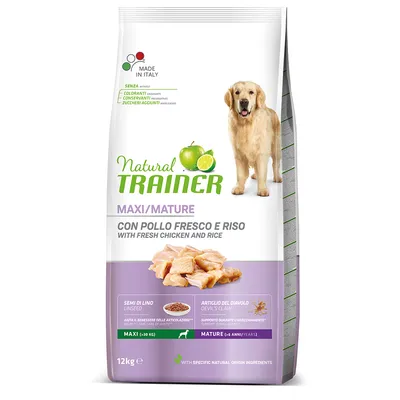 Natural Trainer Maxi/Mature con pollo fresco e riso, 12kg. Made in Italy, senza coloranti, conservanti, zuccheri aggiunti. Contiene semi di lino e artiglio del diavolo.