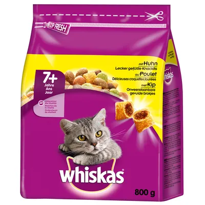 Whiskas pienso seco para gatos a partir de 7 años, con pollo, crujientes rellenos, apoya la vitalidad, paquete de 800 g.