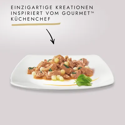 Einzigartige Kreationen inspiriert vom Gourmet Küchenchef. Gericht mit Fleischstücken, Gemüse und Sauce auf weissem Teller.