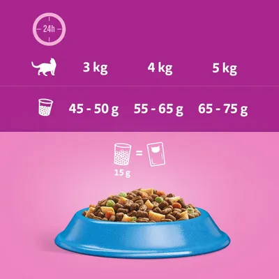 Recomandare de hrănire pentru pisici: 3kg greutate corporală 45-50g, 4kg 55-65g, 5kg 65-75g pe zi. 15g hrană uscată echivalează cu o porție de hrană umedă.