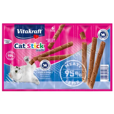Vitakraft Cat Stick mini, 6 sticks, sogliola & omega 3, ricetta senza zucchero, 95% carne e pesce, Vitality Plus, Omega 3 pelle e pelo. Immagine di un gatto bianco e stick visibili.