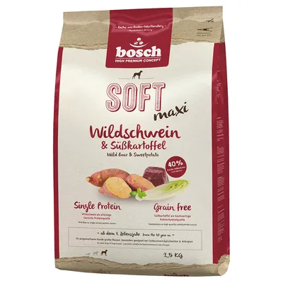 Bosch Soft Maxi vildsvin & sötpotatis, single protein, spannmålsfri, 40 % färskt vildsvinskött, från 1 års ålder, 2,5 kg påse.