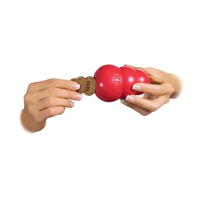 Rode KONG-speelbal gevuld met een KONG-snack, getoond door twee handen.