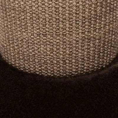 Detail van krabpaal met sisal touw en zachte, donkerbruine pluche bekleding onderaan zichtbaar.