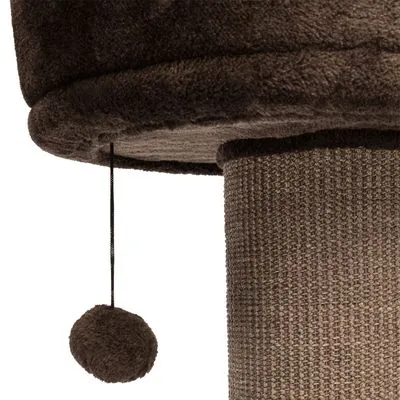 Krabpaal met sisal beklede paal, pluche platform en hangend pluche speelballetje. Materialen: sisal en pluche, kleur bruin.