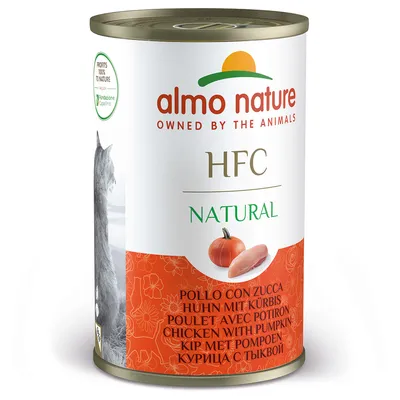 Almo Nature HFC Natural, kuře s dýní. Konzerva s motivem kočky a nápisem: Profits 100% to nature.