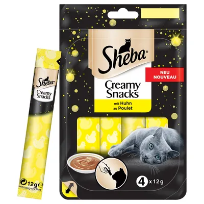Sheba Creamy Snacks mit Huhn au Poulet, 4 x 12 g annospakkaus, kissa kuvassa, uutuusmerkintä, annostelukuva, näkyvissä kana-aiheiset tikut ja tuotemerkki.