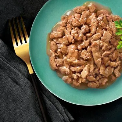 Bord met stukjes natvoer in saus, geserveerd op een groene schaal naast een gouden vork en zwarte servet. Geen merknaam of verpakking zichtbaar.