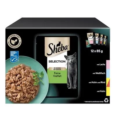 Sheba Selection Feine Vielfalt kattenvoer in saus, 12 x 85 g. Smaken: zalm, witvis, kip en rund, kip. MSC-keurmerk zichtbaar op verpakking.