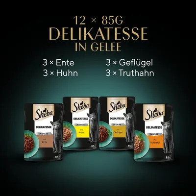 Sheba Delikatesse in Gelee, 12 x 85g. Sorten: 3x Ente, 3x Huhn, 3x Geflügel, 3x Truthahn. Verpackung mit Katzenmotiv sichtbar.